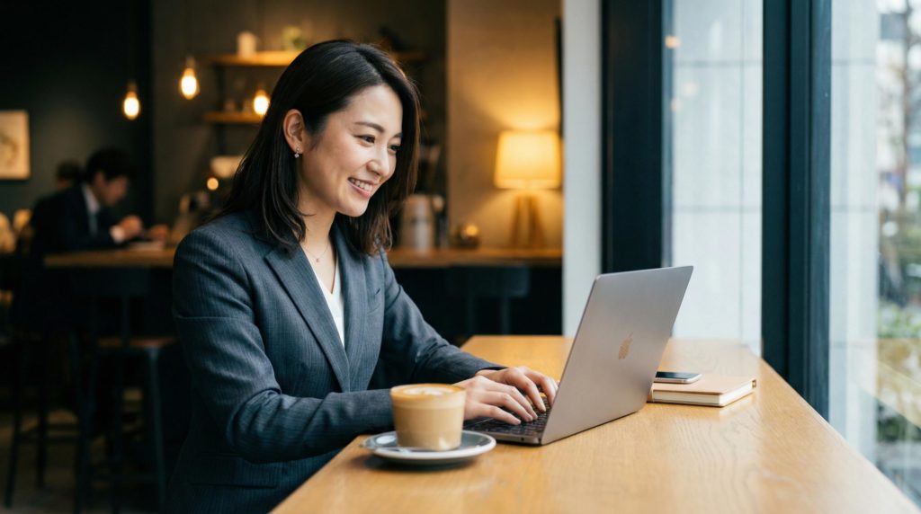 カフェで仕事をするOL