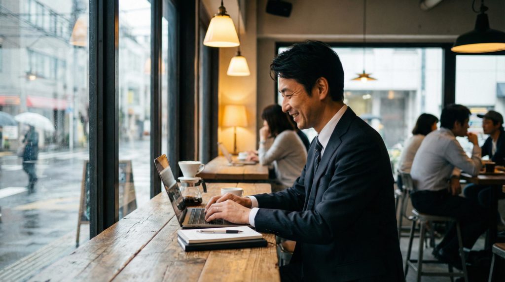 カフェで仕事をするサラリーマン