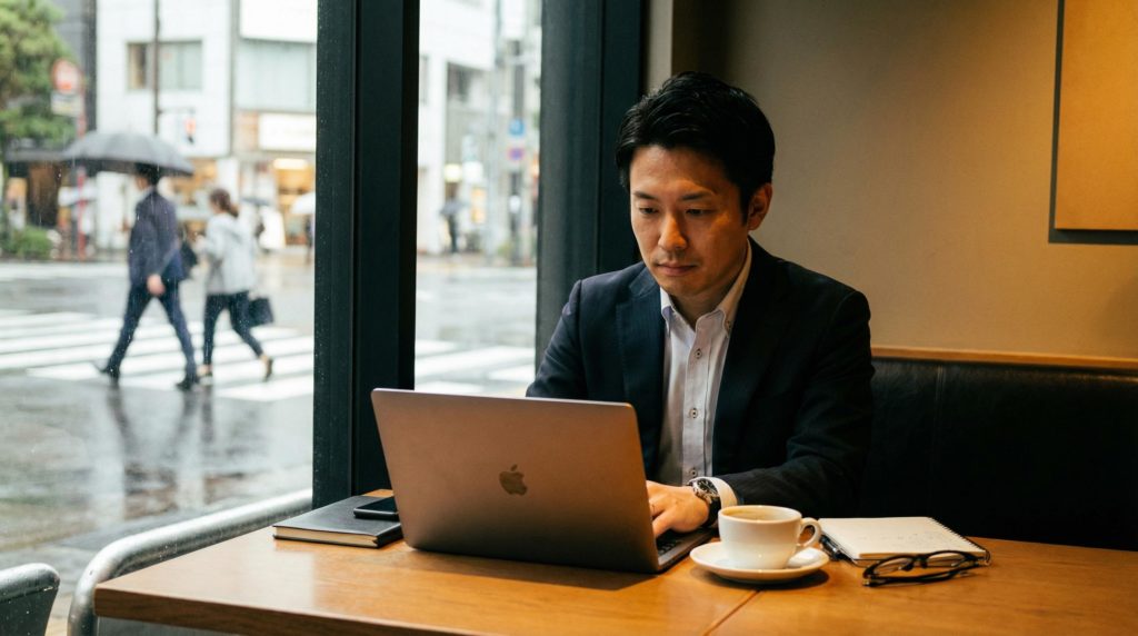 カフェで仕事をするサラリーマン