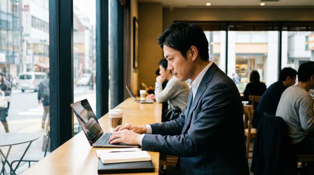 カフェで仕事をするサラリーマン