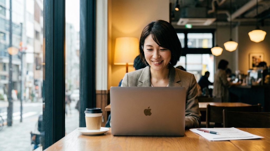 カフェで仕事をするOL