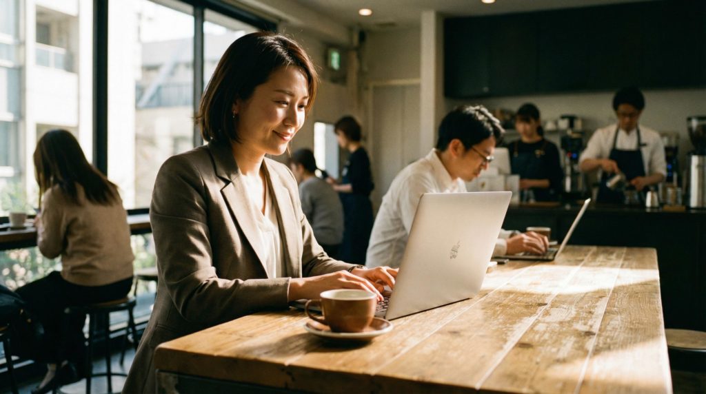 カフェで仕事をするOL