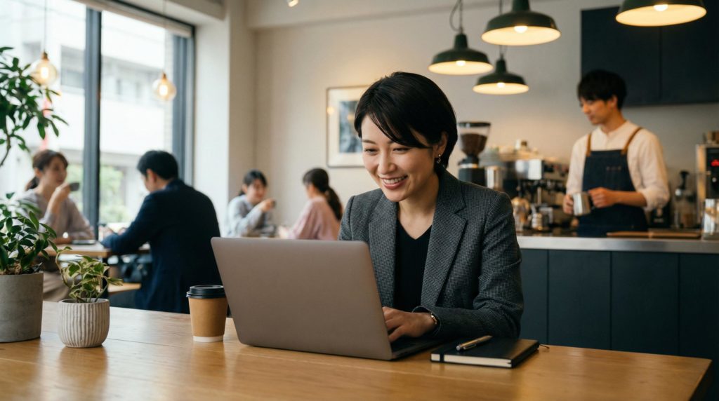 カフェで仕事をするOL