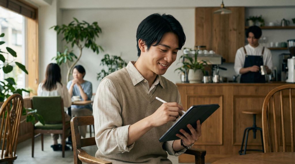タブレットでメモを取る青年