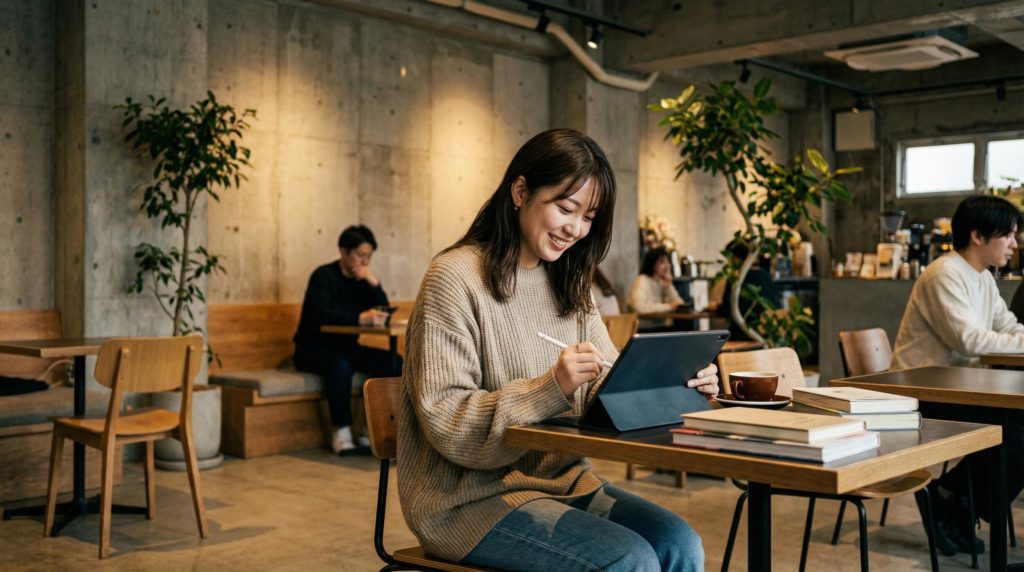 タブレットでメモを取る女性