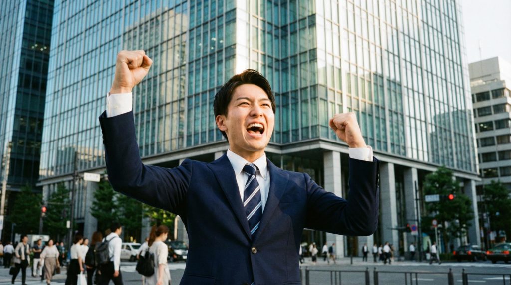 男性サラリーマンのガッツポーズ