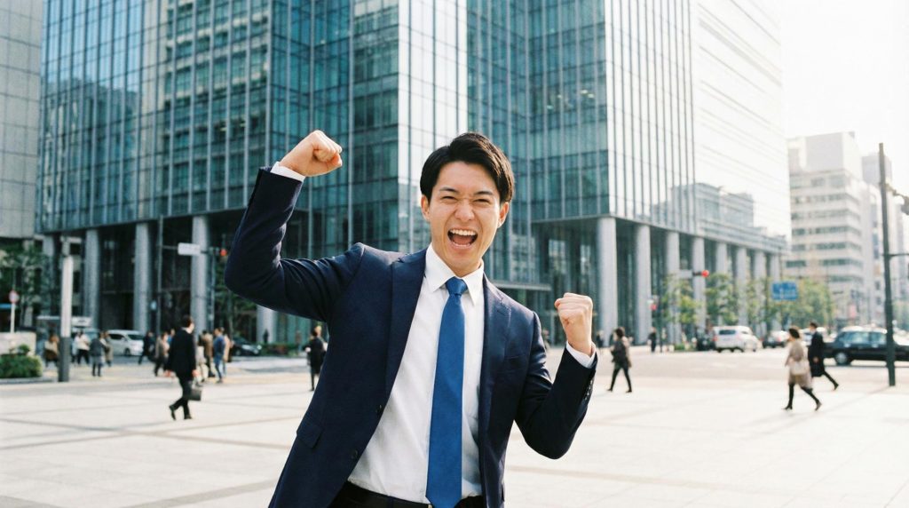 男性サラリーマンのガッツポーズ