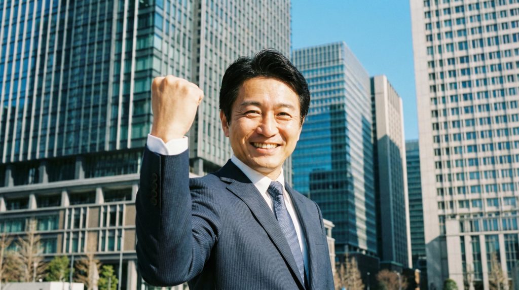男性サラリーマンのガッツポーズ