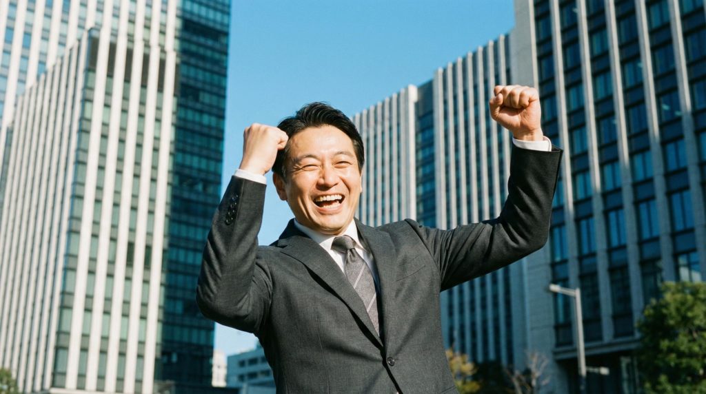 男性サラリーマンのガッツポーズ