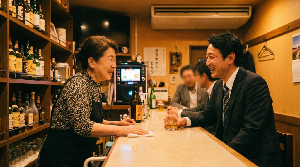 ママと飲みながら談笑するサラリーマン