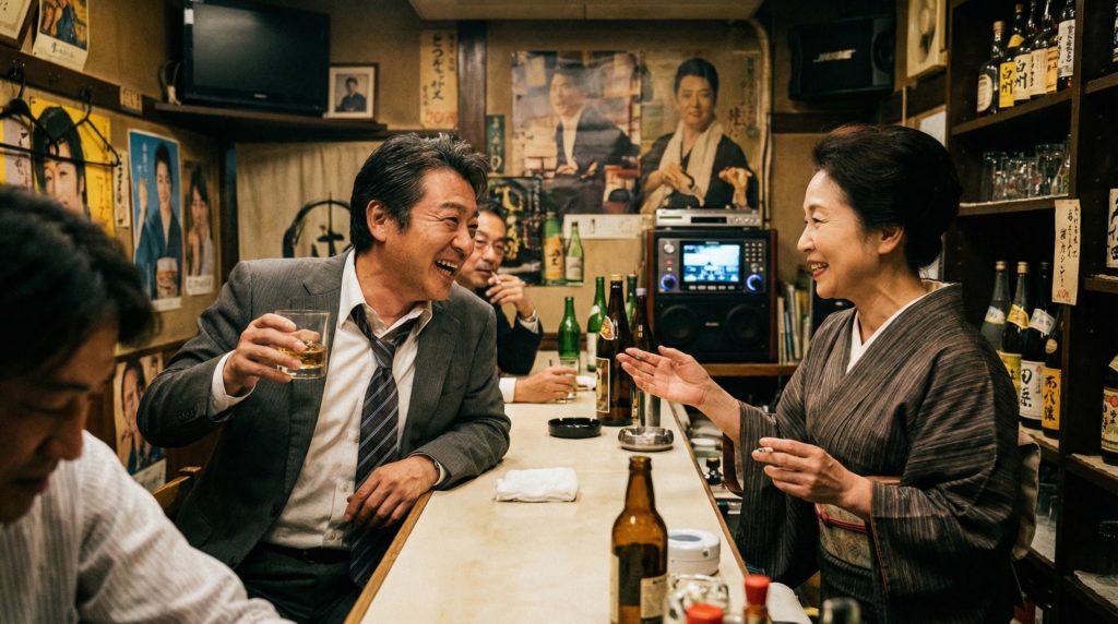 ママと飲みながら談笑するサラリーマン