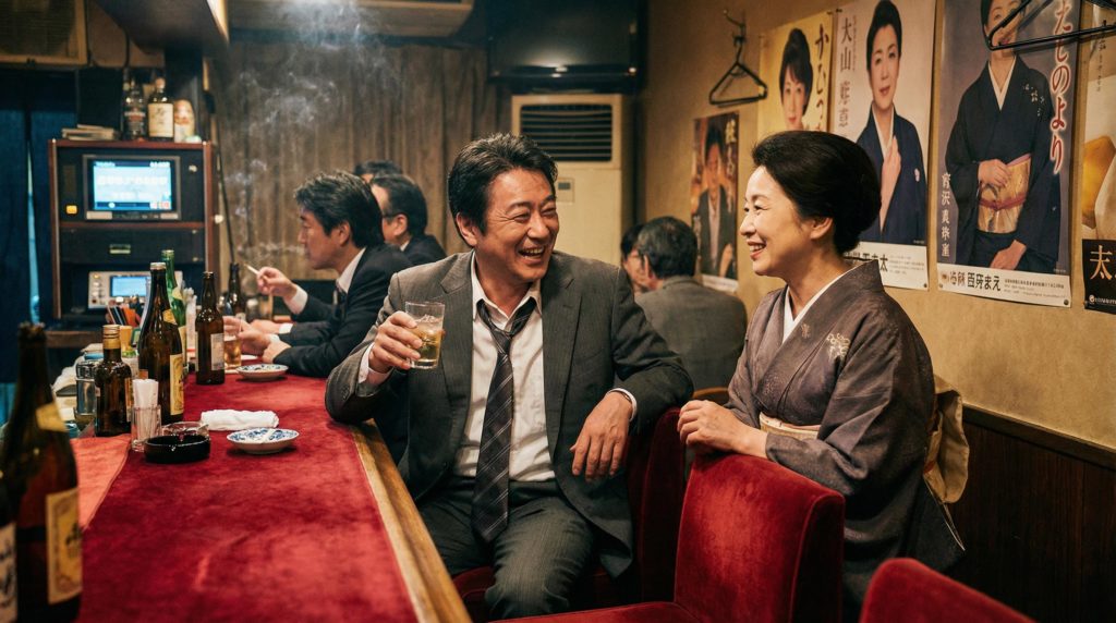 ママと飲みながら談笑するサラリーマン