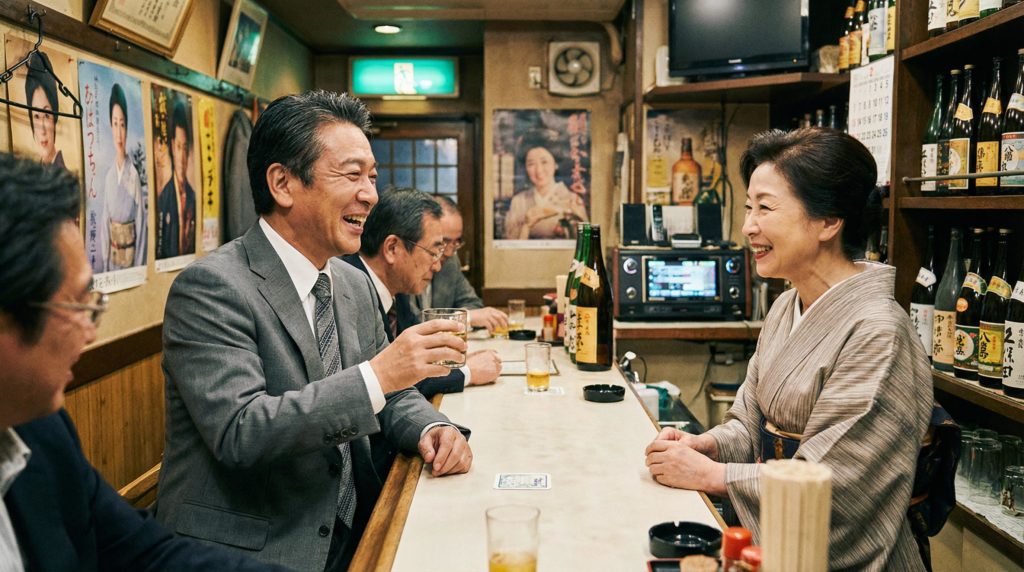 ママと飲みながら談笑するサラリーマン