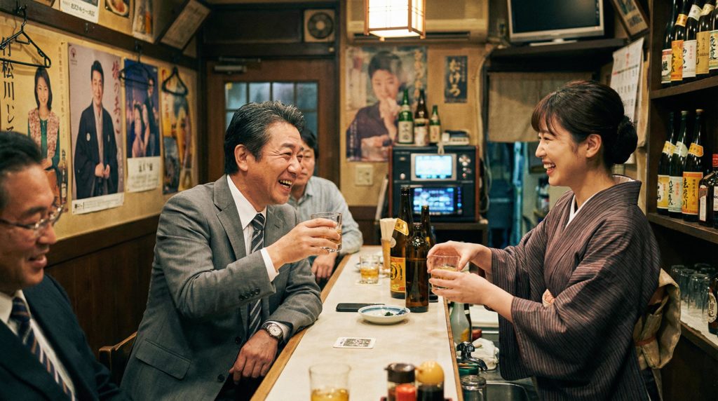 若いママと飲みながら談笑するサラリーマン