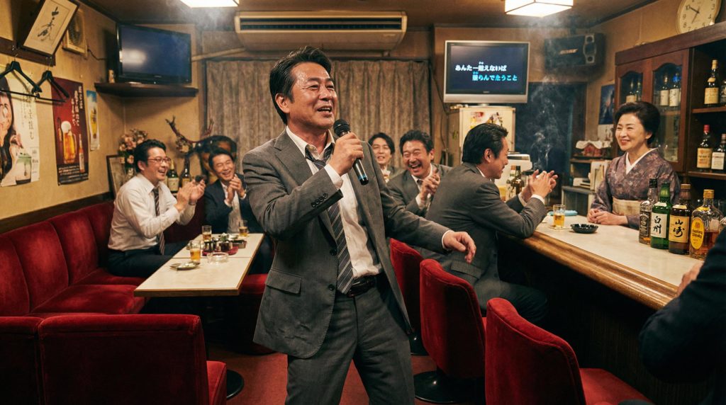 スナックでカラオケをするサラリーマン