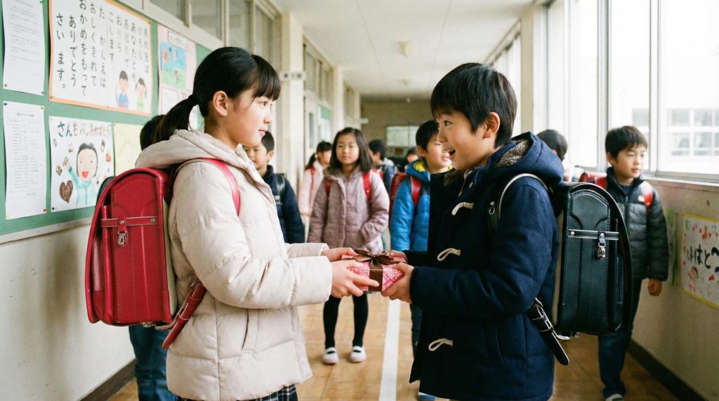 小学生の女の子が本命チョコを渡す写真素材