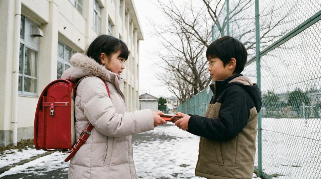 小学生の女の子が本命チョコを渡す写真素材