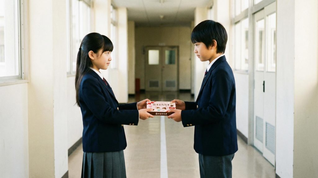 小学生の女の子が本命チョコを渡す写真素材