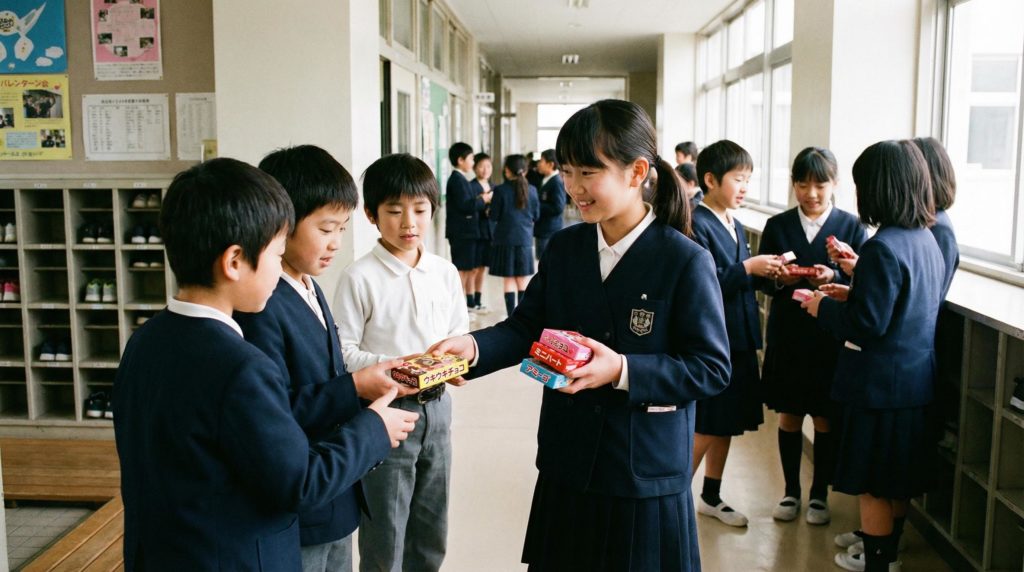 小学生の女の子が友チョコを配る写真素材
