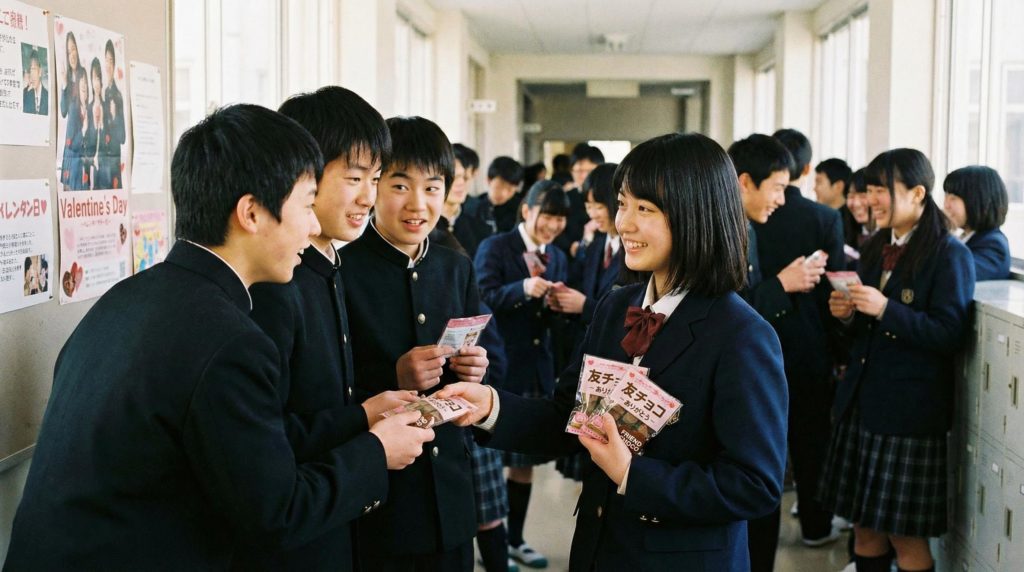 中学生の女の子が友チョコを配る写真素材