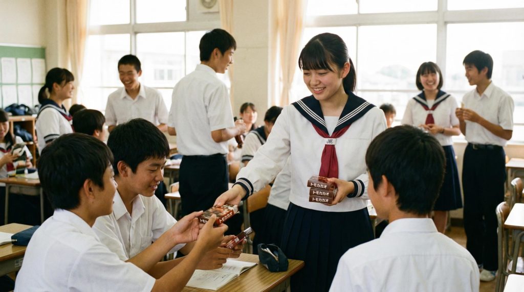 中学生の女の子が友チョコを配る写真素材