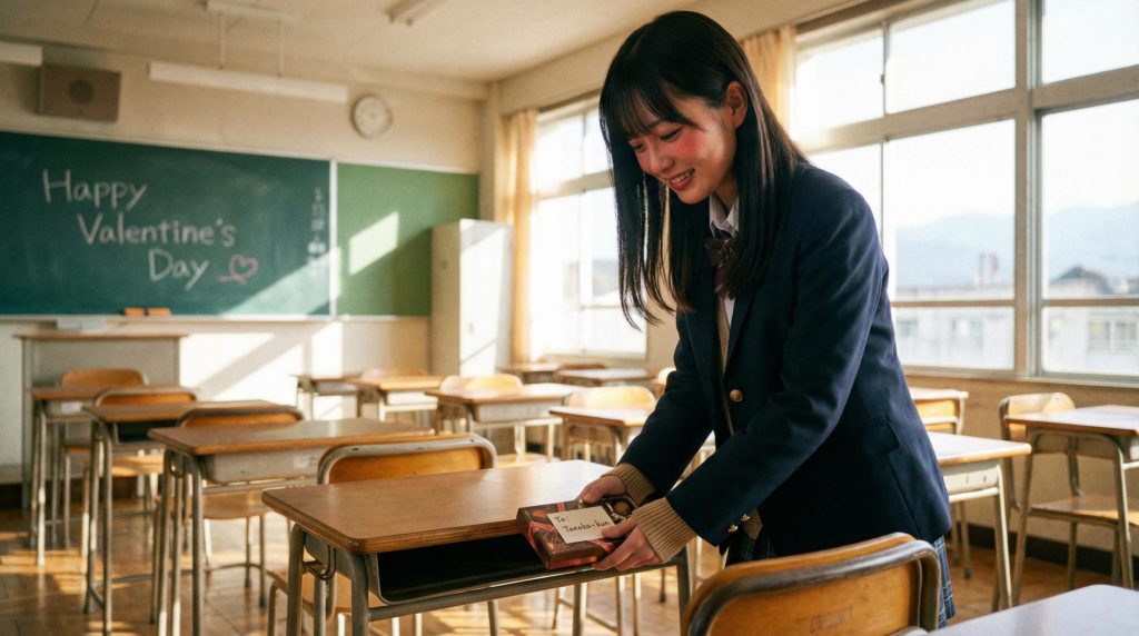 高校生の女の子が本命チョコを机に入れる写真素材