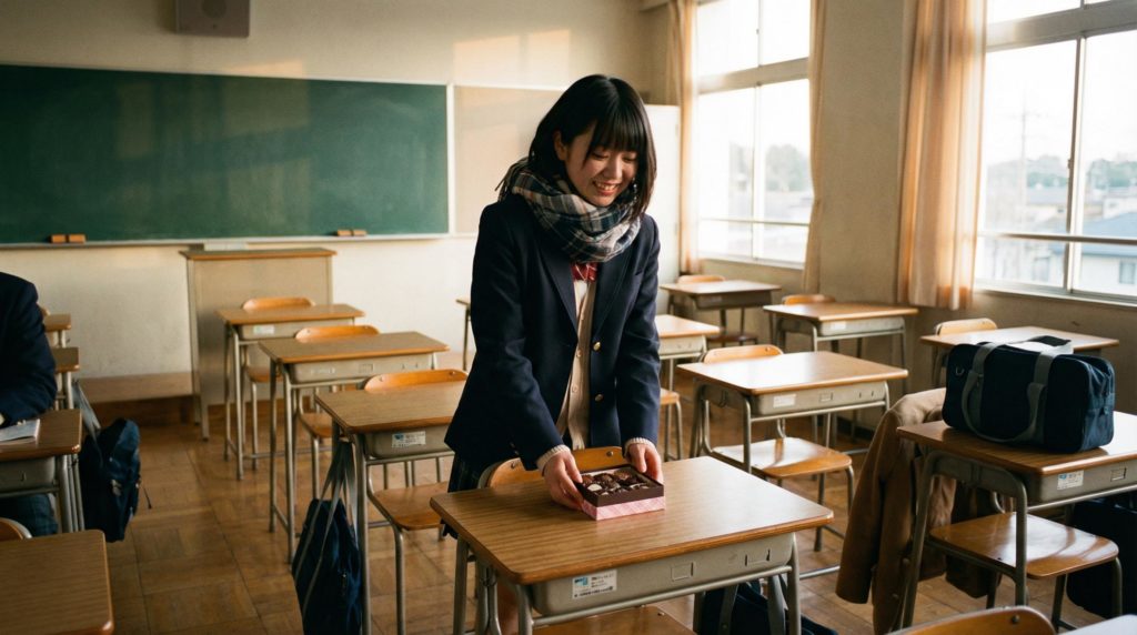 高校生の女の子がみんなにあげるチョコを机に置く写真素材