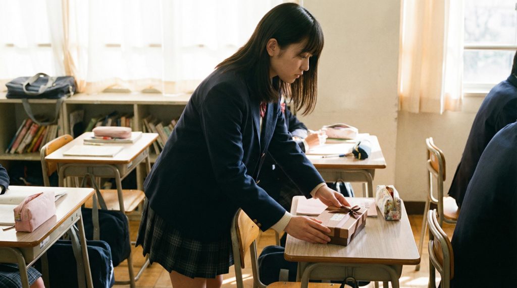 高校生の女の子が本命チョコを机に置く写真素材