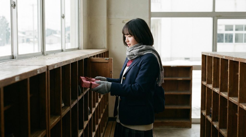 高校生の女の子が本命チョコを下駄箱に入れる写真素材
