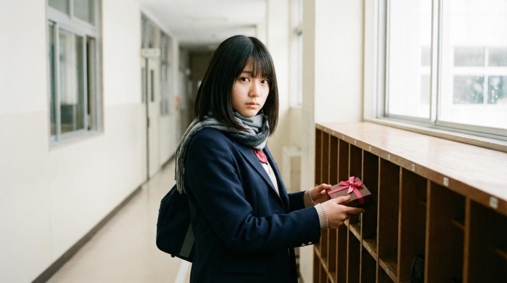 高校生の女の子が本命チョコを棚に入れる写真素材