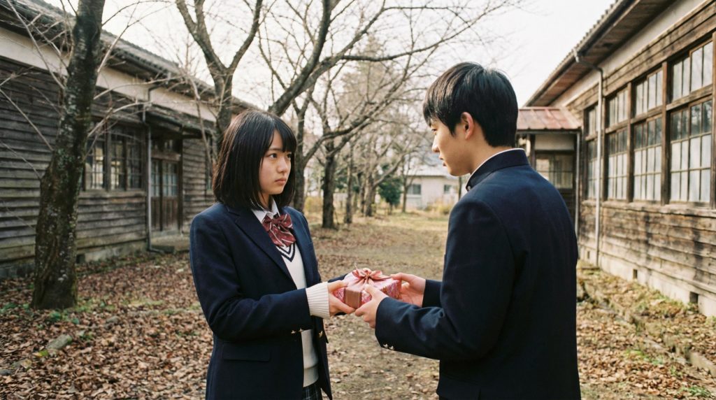 高校生の女の子が校舎裏で本命チョコを好きな男子に渡す写真素材