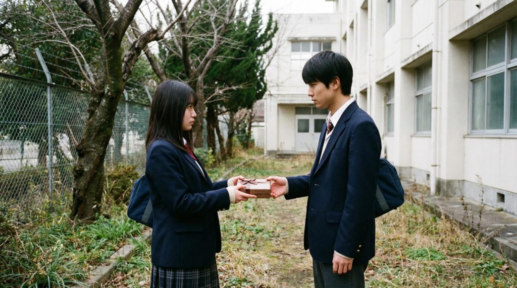 高校生の女の子が校舎裏で本命チョコを好きな男子に渡す写真素材