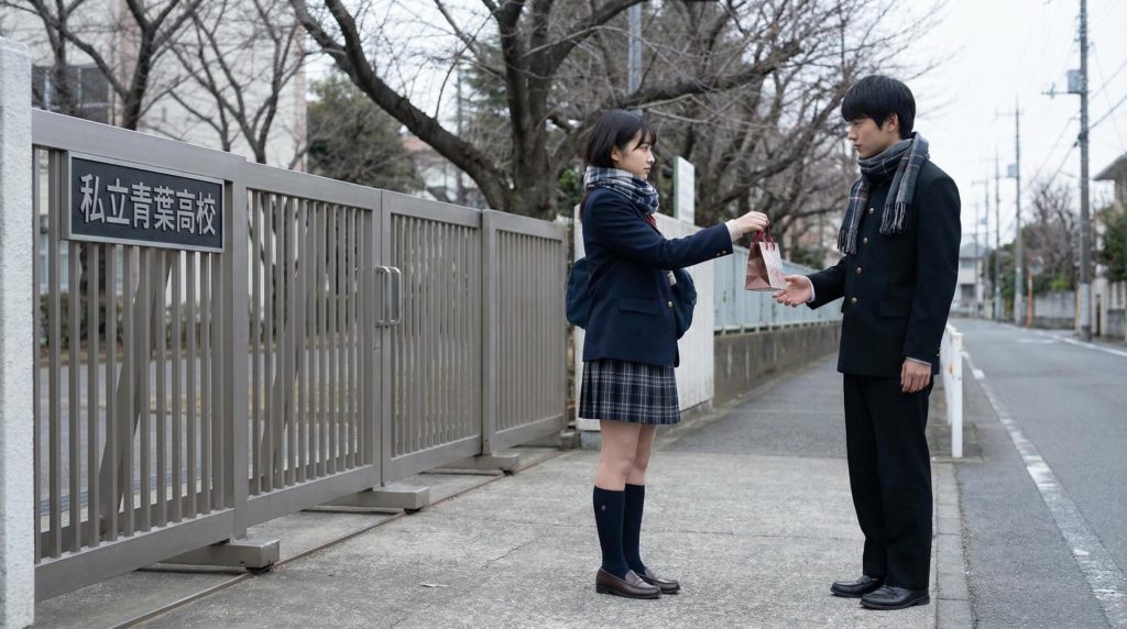 高校生の女の子が校門で本命チョコを好きな男子に渡す写真素材