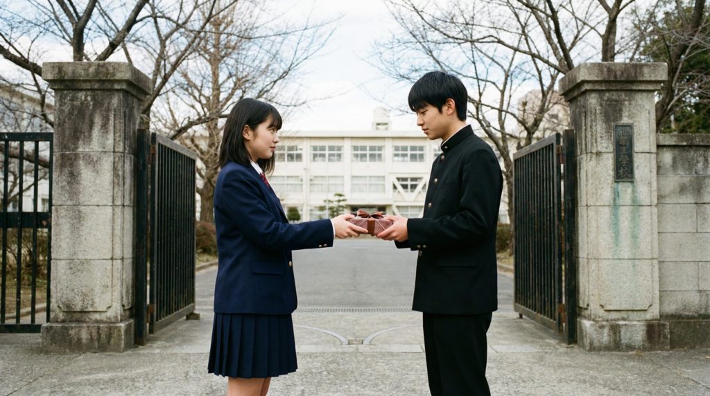 高校生の女の子が校門で本命チョコを好きな男子に渡す写真素材