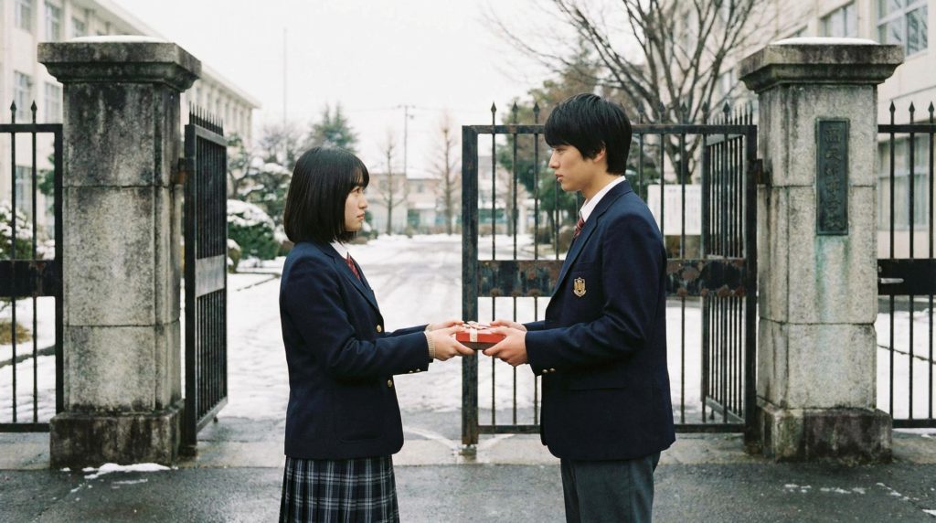 高校生の女の子が校門で本命チョコを好きな男子に渡す写真素材