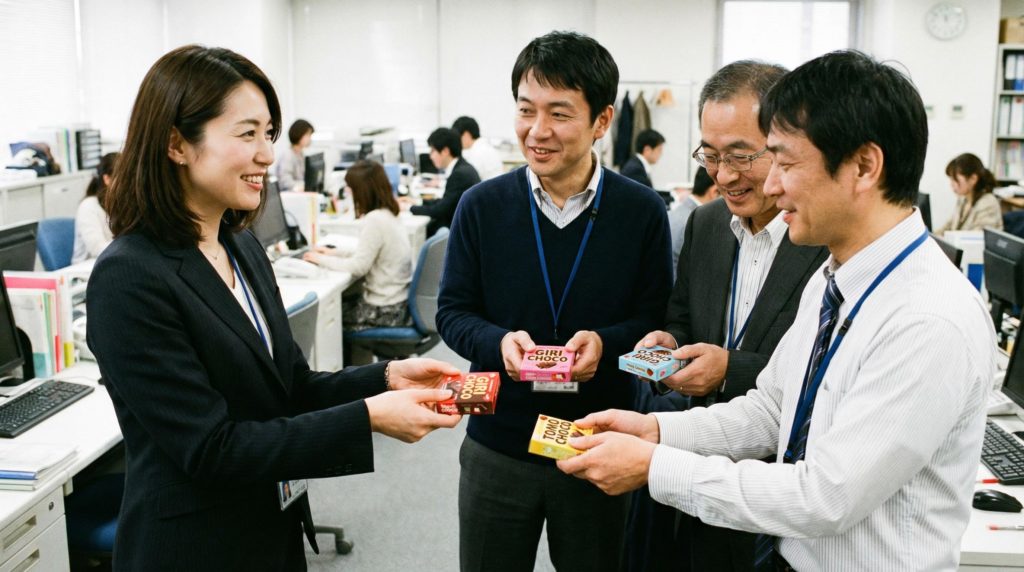 会社の同僚にチョコを配るOL