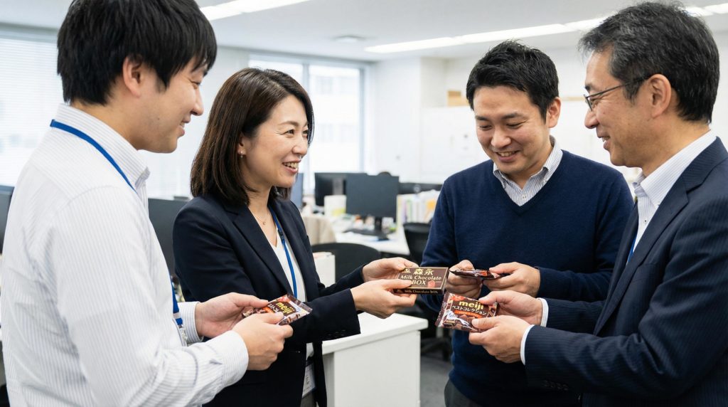 会社の同僚にチョコを配るOL