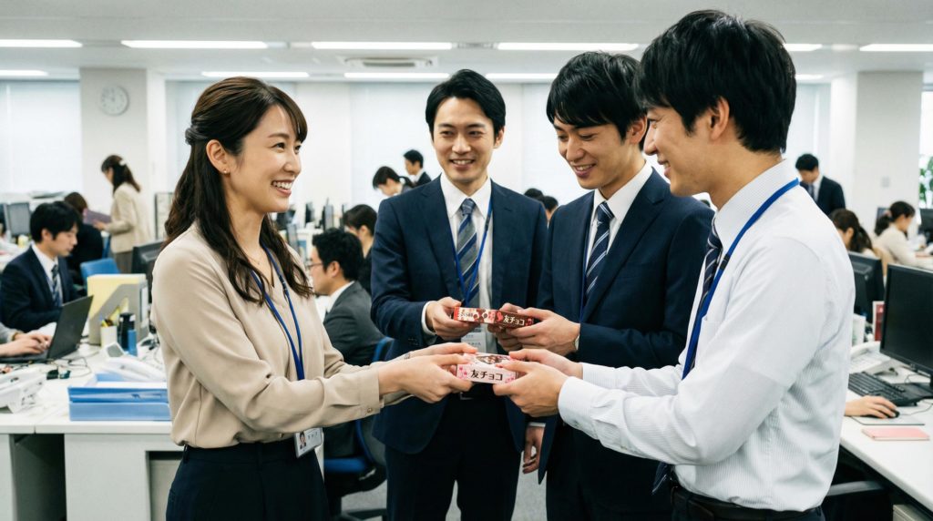 会社の同僚にチョコを配るOL