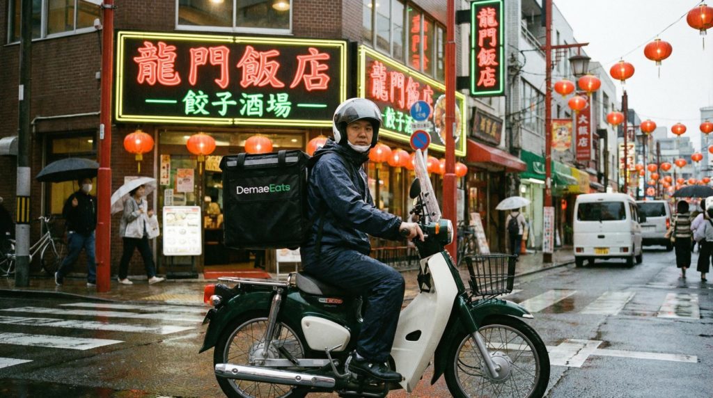 料理をバイクで運ぶ配達員