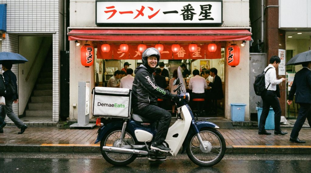 料理をバイクで運ぶ配達員