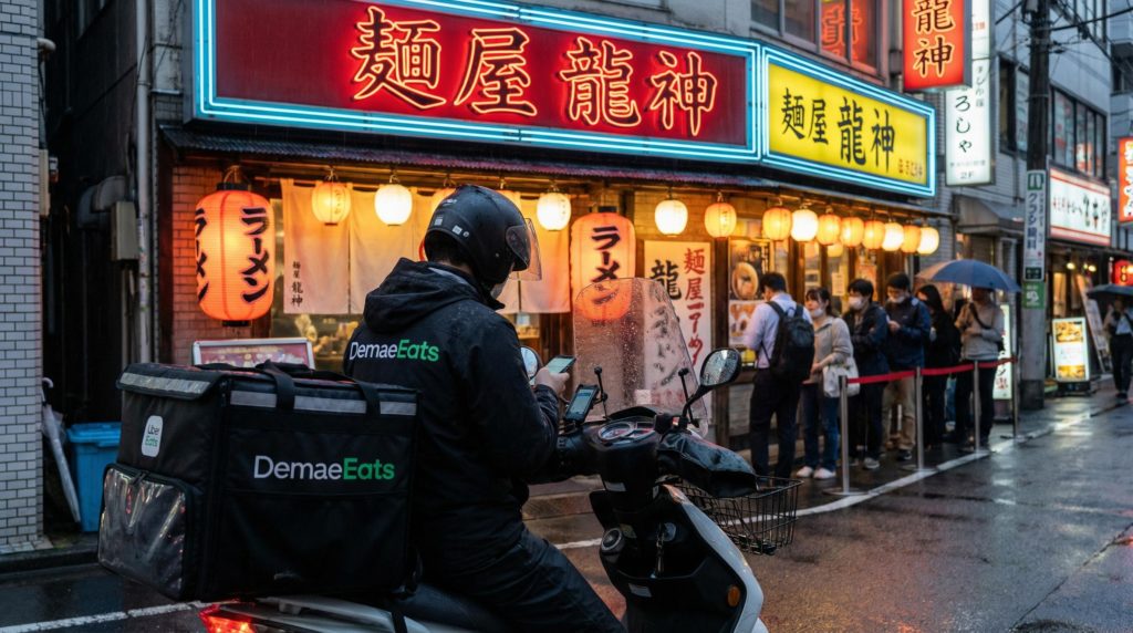 料理をバイクで運ぶフードデリバリー配達員