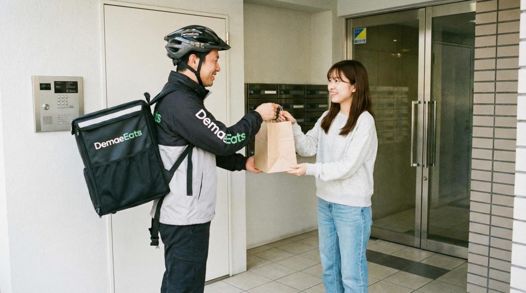 料理を注文者に届けるフードデリバリー配達員