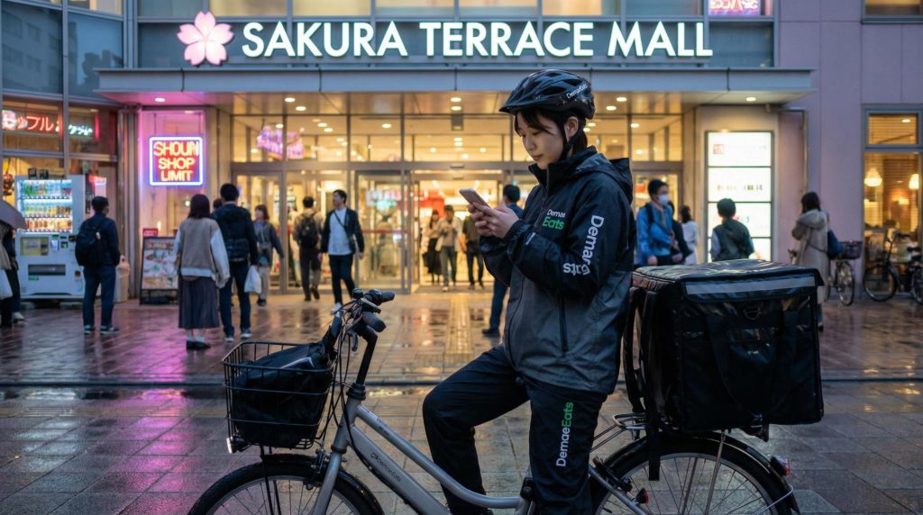 ピック先を確認している女性配達員