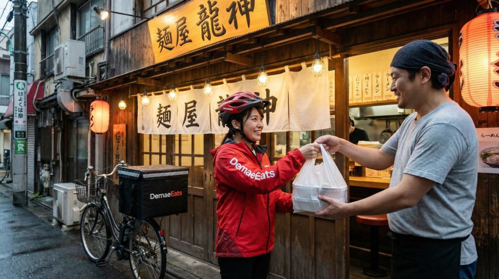 注文料理を受け取る女性配達員