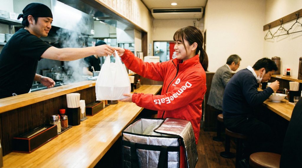 ピック先で注文料理を受け取る女性配達員