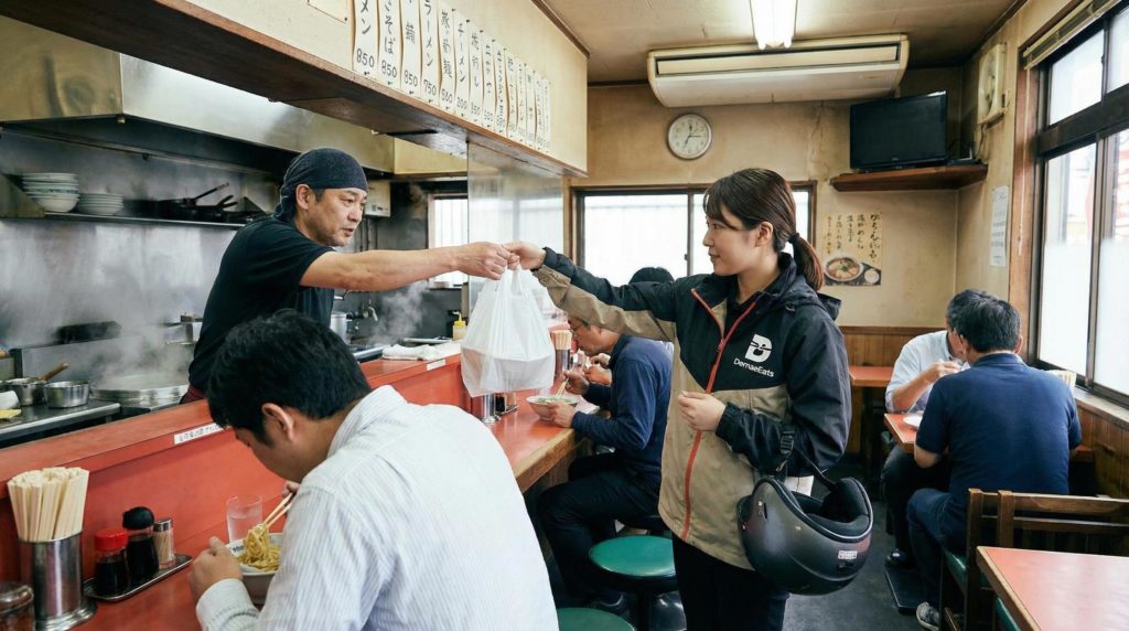 ピック先で注文料理を受け取る女性配達員