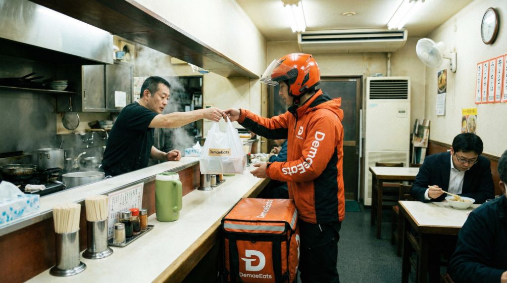 注文料理を受け取る男性配達員