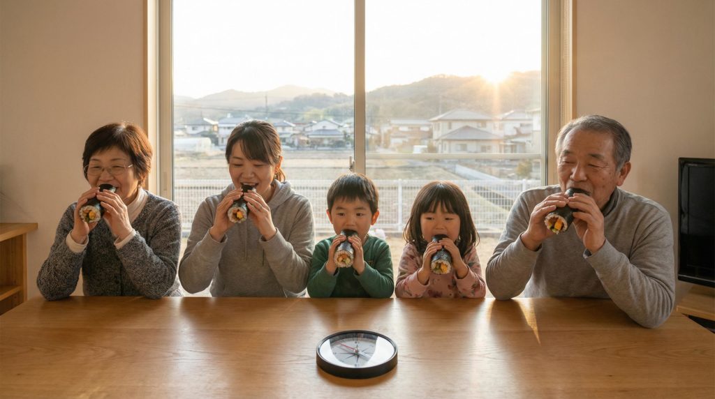 恵方巻を食べる家族