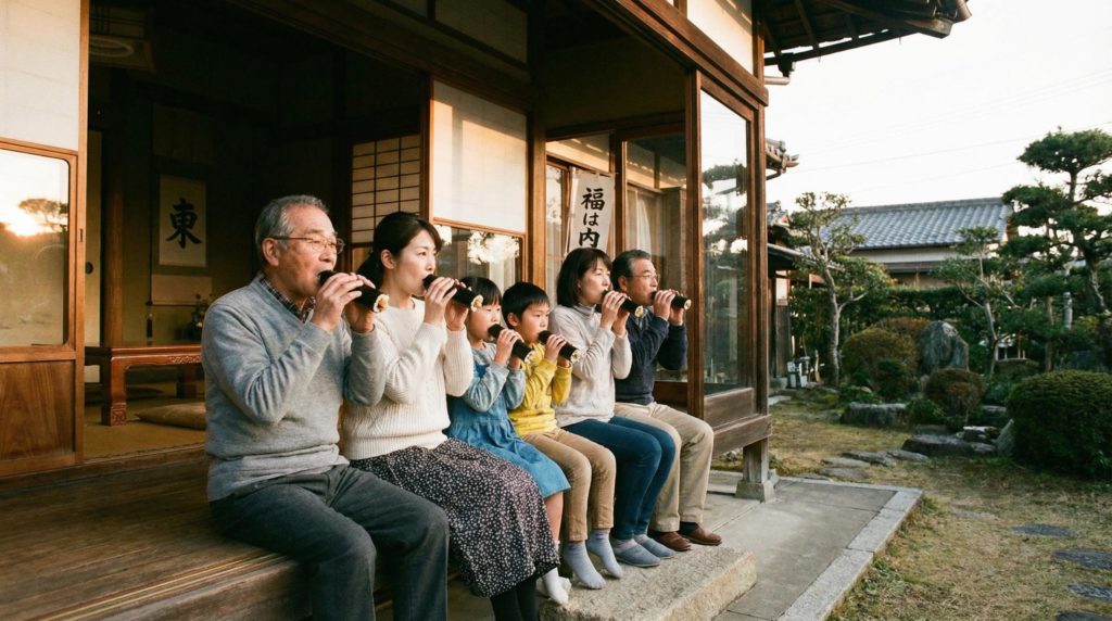 恵方巻を食べる家族
