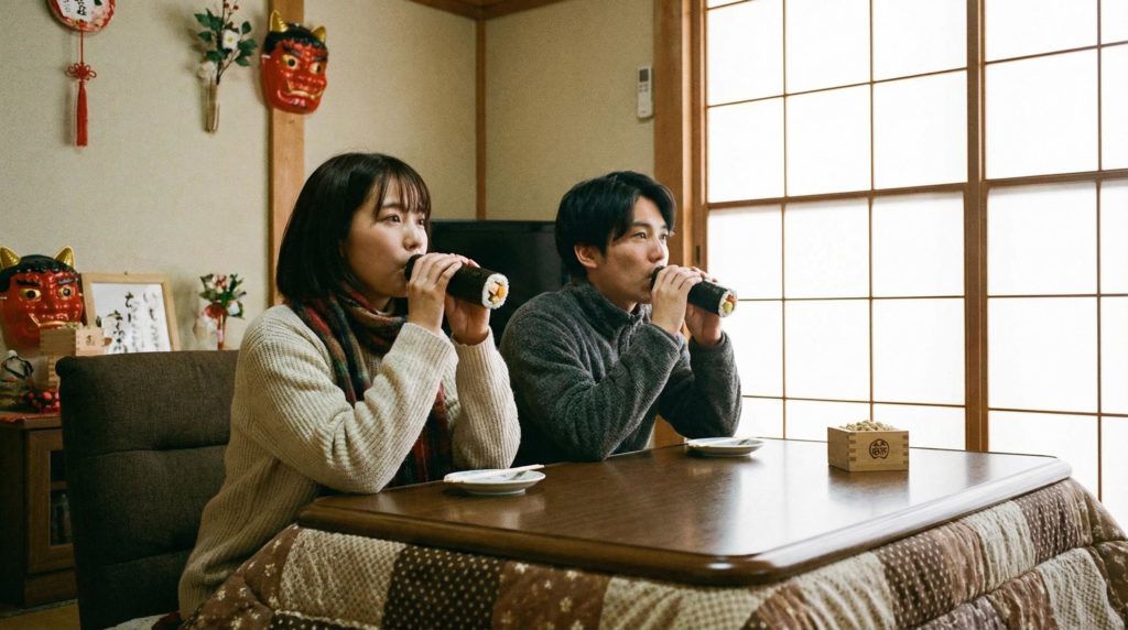 恵方巻を食べるカップル